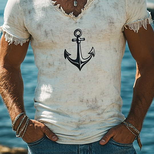 Men's Retro Printed Tassel V-Neck Short Sleeve T-Shirt DTT25062507