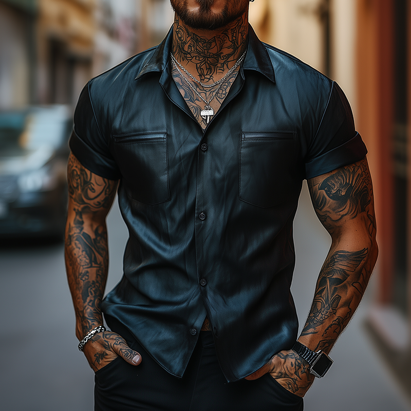Men's Vintage Leather Lapel Short Sleeve Shirt DTT25062720