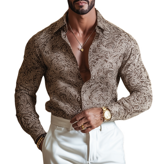 Men's Vintage Print Lapel Long Sleeve Shirt DTT25081402