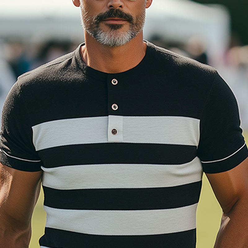 Men's Spring And Summer Fashion Casual Henley Collar Slim Fit Horizontal Striped Knitted Short Sleeve T-shirt DTT25060606