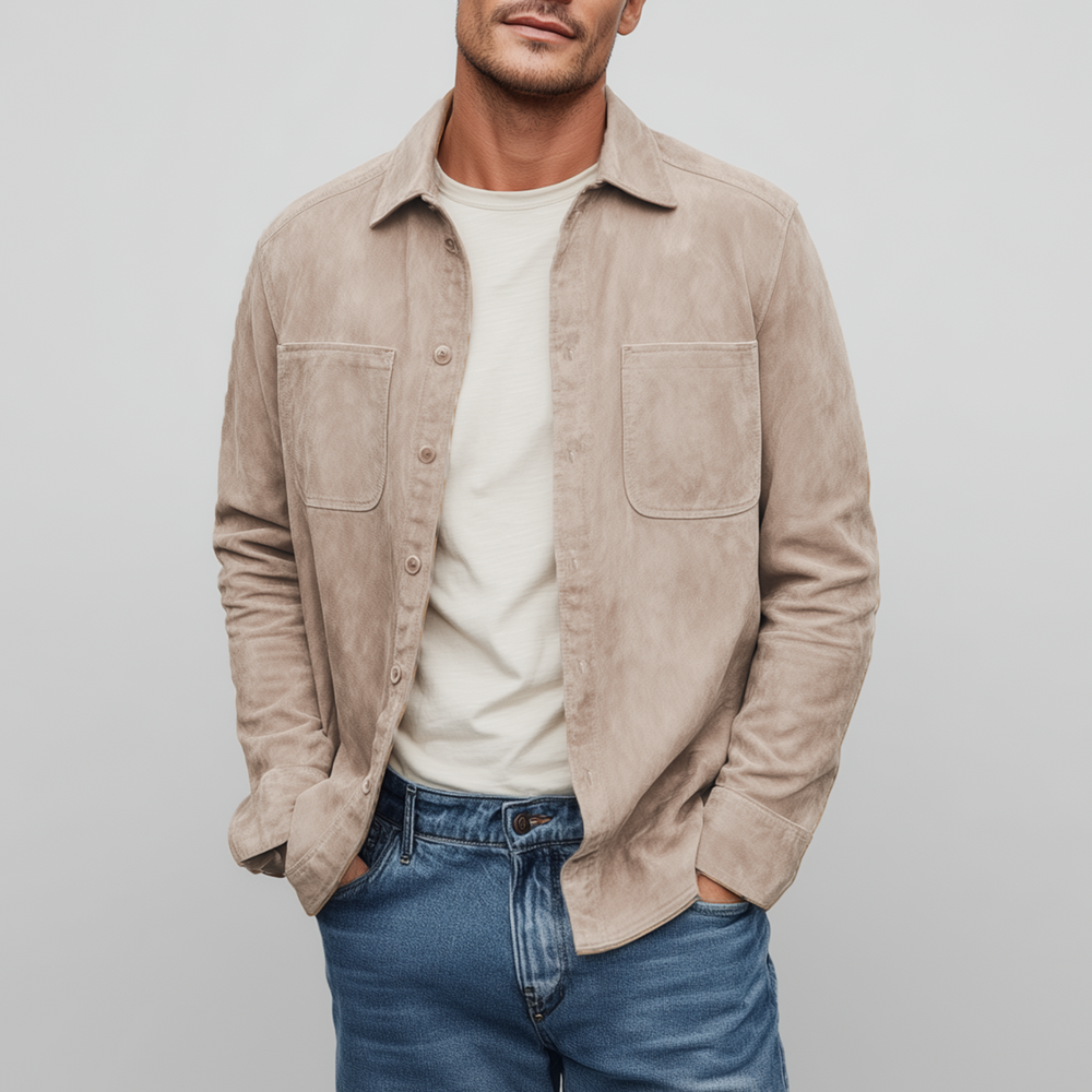 Men's Classic Casual Thin Suede Solid Color Multi-Pocket Long Sleeve Shirt DTT25072110