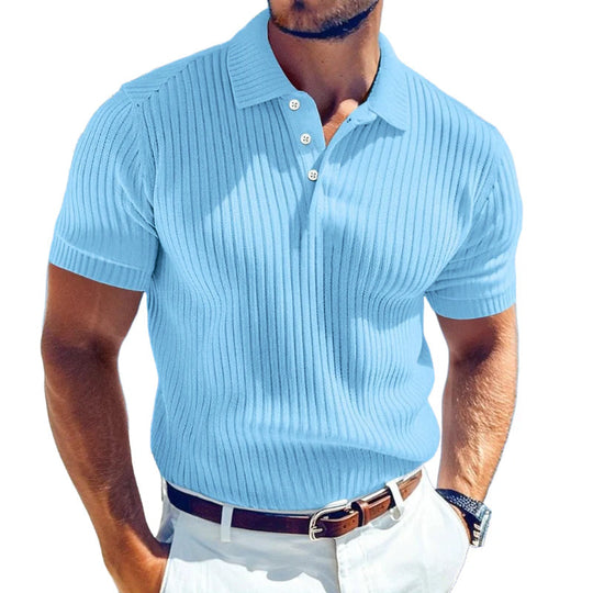 Men's Casual Solid Color Soft Knit Lapel Slim Short Sleeve Polo Shirt Sweater DTT25063002