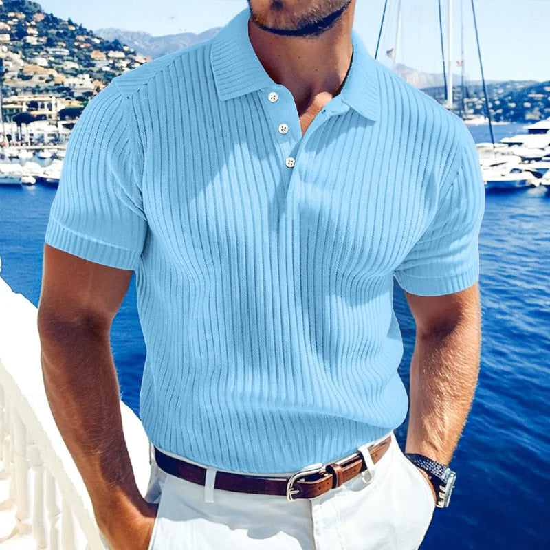 Men's Casual Solid Color Soft Knit Lapel Slim Short Sleeve Polo Shirt Sweater DTT25063002