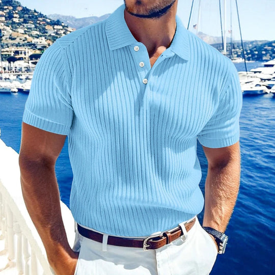 Men's Casual Solid Color Soft Knit Lapel Slim Short Sleeve Polo Shirt Sweater DTT25063002