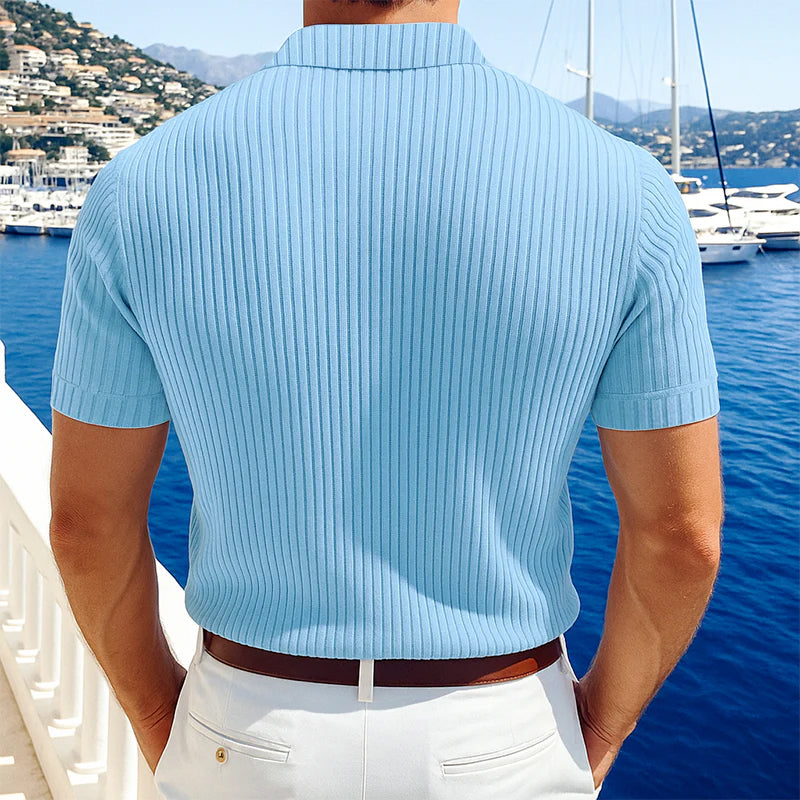 Men's Casual Solid Color Soft Knit Lapel Slim Short Sleeve Polo Shirt Sweater DTT25063002