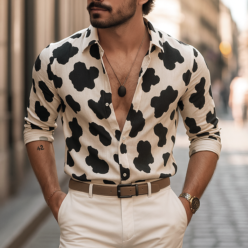 Men's Cow Print Lapel Long Sleeve Shirt DTT25062408