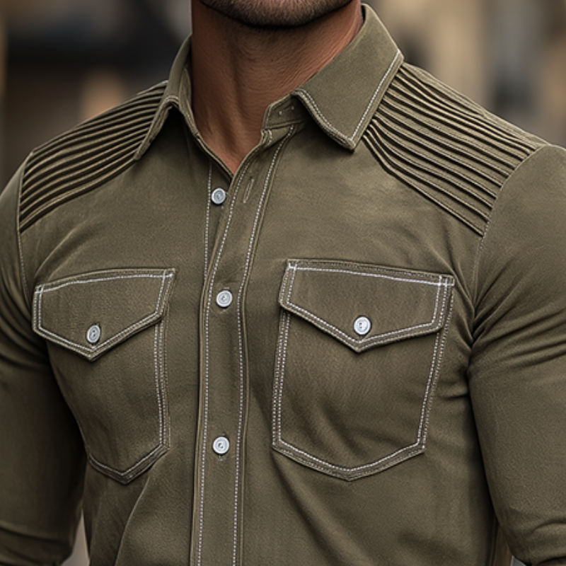 Men's Vintage Casual Suede Pleated Lapel Long Sleeve Shirt DTT25082709