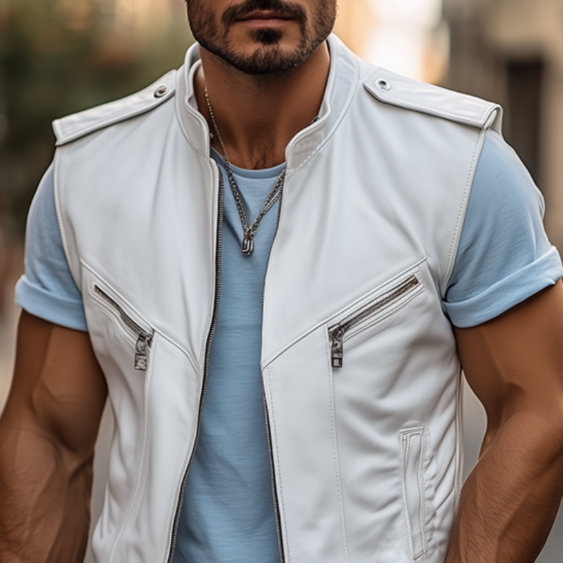 Men's Classic Retro American Casual Stand Collar Epaulette Leather Motorcycle Vest 9909010628792