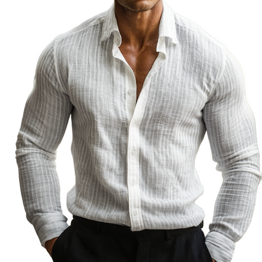 Men's Solid Cotton And Linen Vertical Stripe Lapel Long Sleeve Shirt DTT25081513
