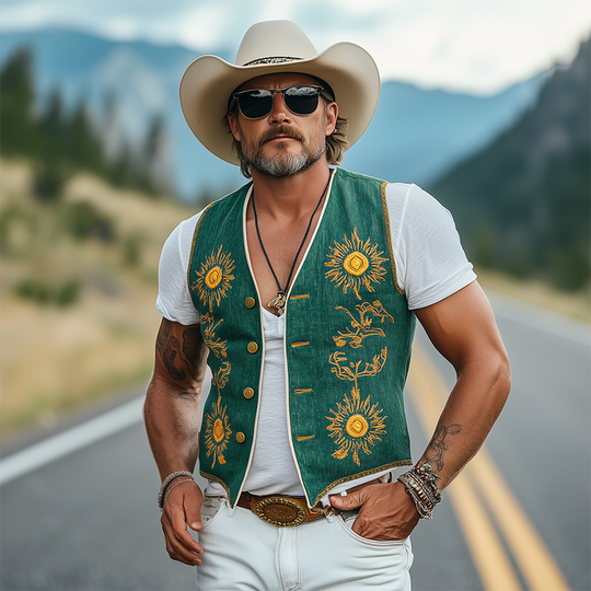 Men's Casual Retro American Western Style Cotton And Linen Embroidered Single Breasted Vest DTT25061717