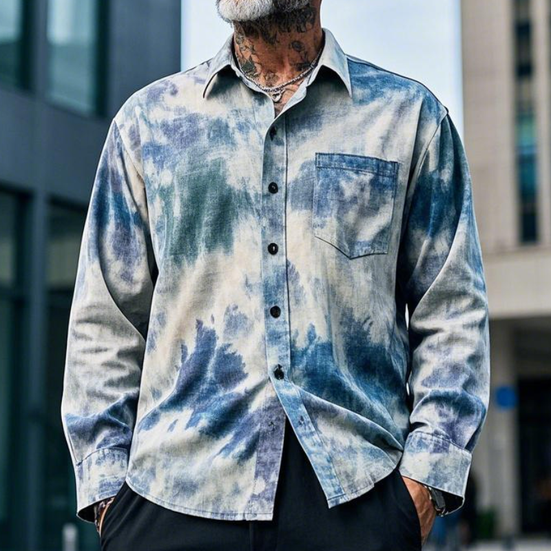Men's Casual Vintage Lapel Tie-dye Printed Cotton Blend Long-sleeved Shirt 9912947146936