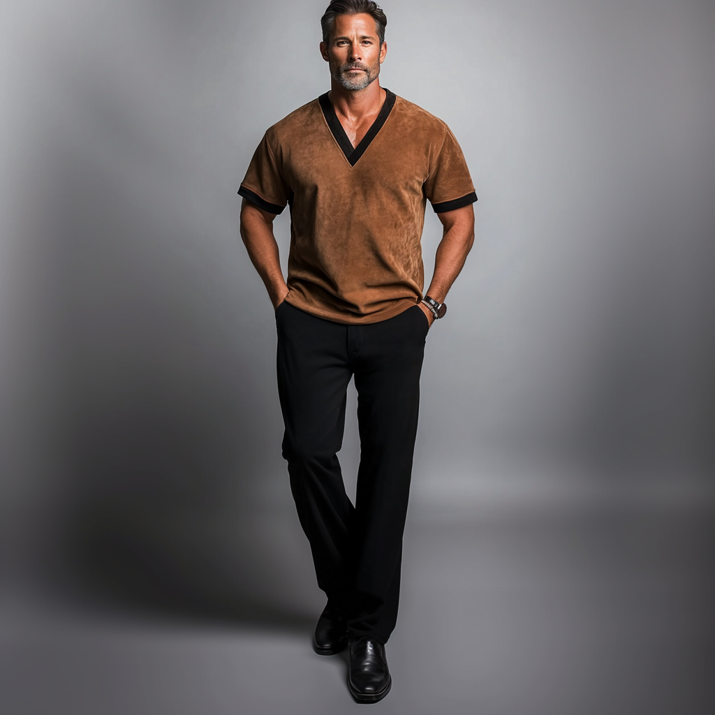 Men's V Neck Short Sleeve Suede Contrast Binding T-Shirt 9913235636408