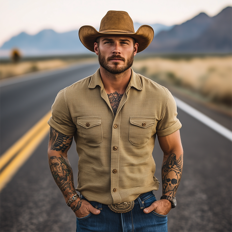 Men's Classic Retro Casual American Western Tough Guy Style Waffle Short Sleeve Shirt DDT25052819