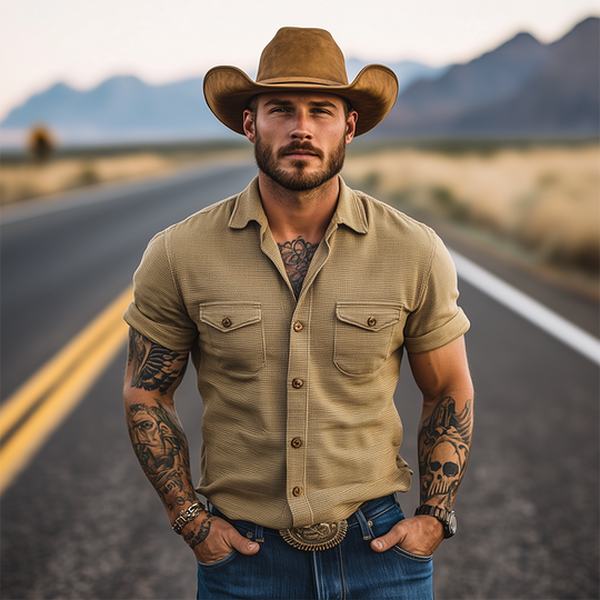 Men's Classic Retro Casual American Western Tough Guy Style Waffle Short Sleeve Shirt DDT25052819