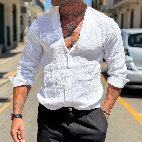 Men's Retro Casual Solid Color Linen Collarless Long Sleeve Shirt DTT25072818