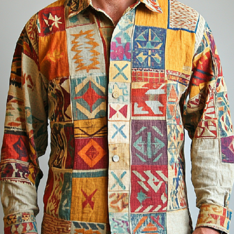 Men's Retro Colorblock Lapel Printed Cotton and Linen Long Sleeve Shirt 9904629743800