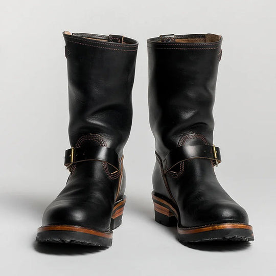 Men's Vintage Triple Stitched Black Horsehide Brass Buckle Boots 9891526017208
