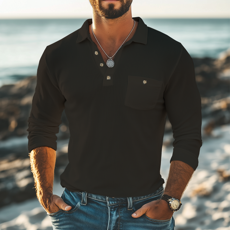 Men's Basic Striped Knitted Long Sleeve POLO Shirt DTT25073006