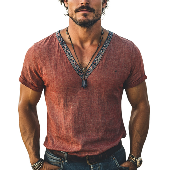 Men's Cotton And Linen V-Neck Embroidered Short-Sleeved T-Shirt DTT25061803