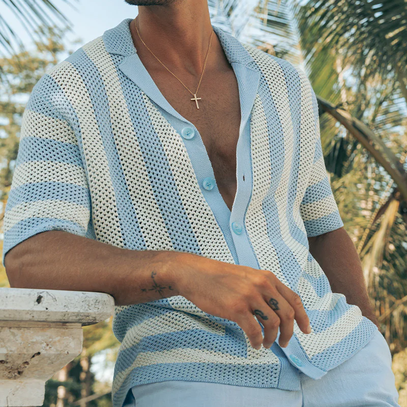 Men's Spring And Summer Fashion Casual Hollow Striped Knitted Short-sleeved Shirt DTT25070803