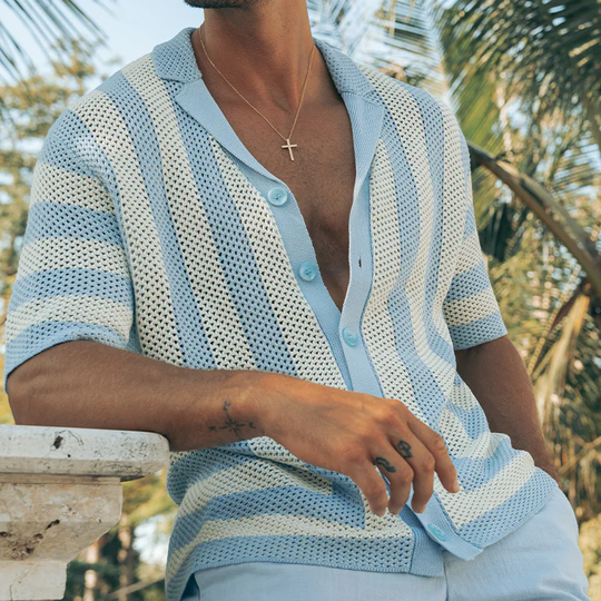 Men's Spring And Summer Fashion Casual Hollow Striped Knitted Short-sleeved Shirt DTT25070803