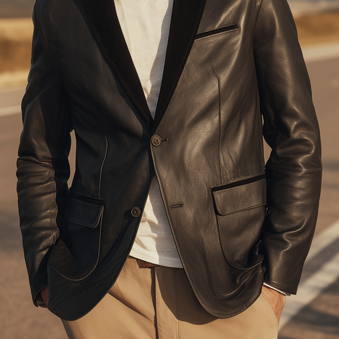 Men's Classic Retro PU Leather And Suede Single-breasted Slim-fit Blazer DTT25080720