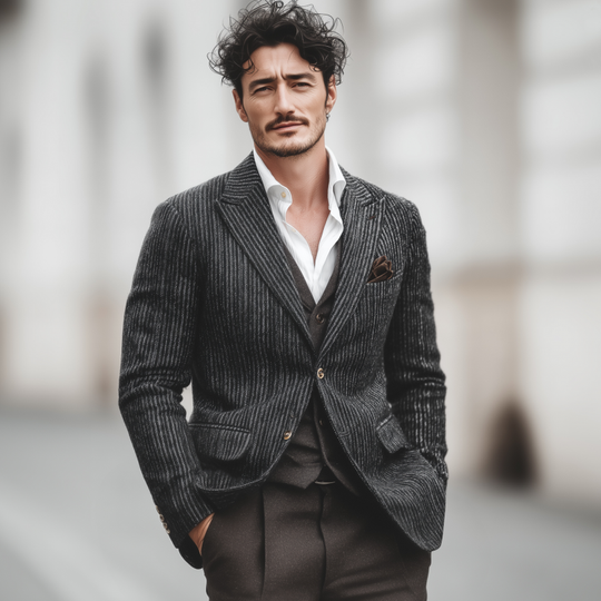Men's Vintage Wool Blend Striped Peak Lapel Single-breasted Slim-fit Warm Blazer DTT25082202