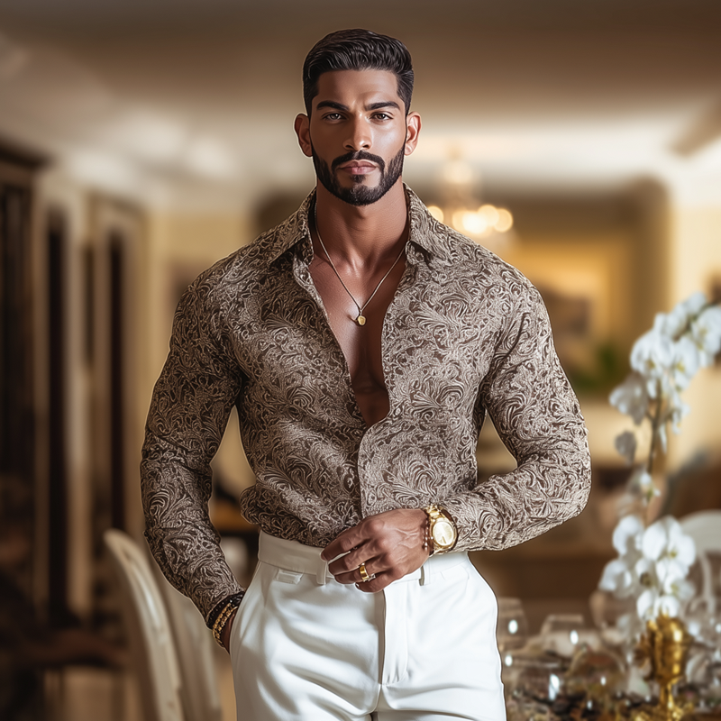 Men's Vintage Print Lapel Long Sleeve Shirt DTT25081402