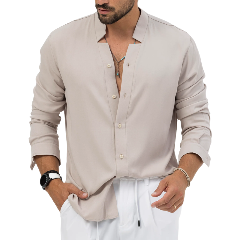 Men's Solid Color Notched V Neck Long Sleeve Shirt 9918990745784