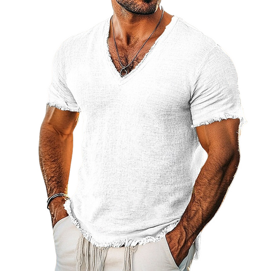 Men's Cotton And Linen Solid Color Raw Edge V-neck Short-sleeved T-shirt DTT25072507
