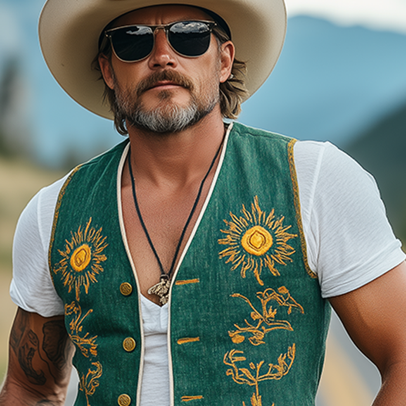 Men's Casual Retro American Western Style Cotton And Linen Embroidered Single Breasted Vest DTT25061717