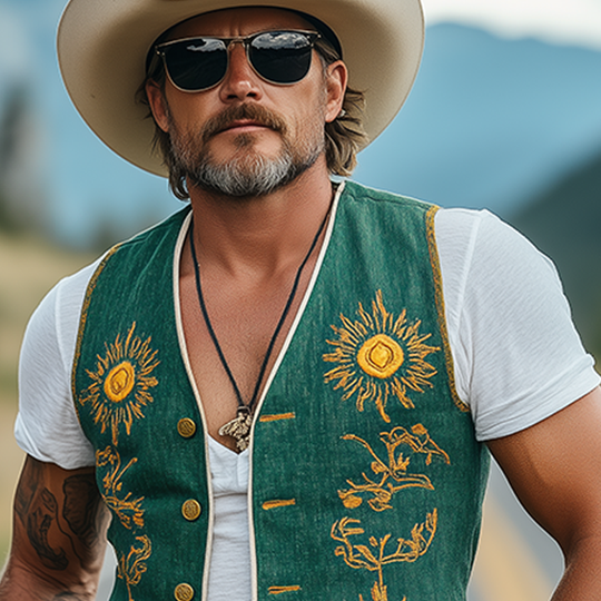 Men's Casual Retro American Western Style Cotton And Linen Embroidered Single Breasted Vest DTT25061717
