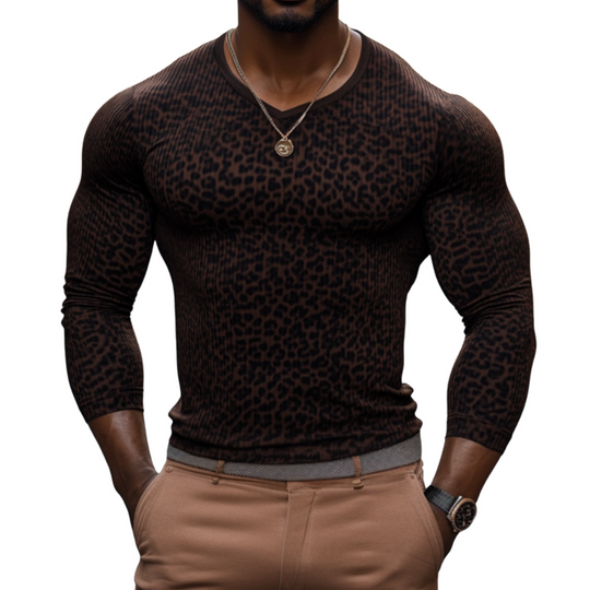 Men's Casual Leopard Stripe V-Neck Slim Fit Long Sleeve T-Shirt 9892049780920