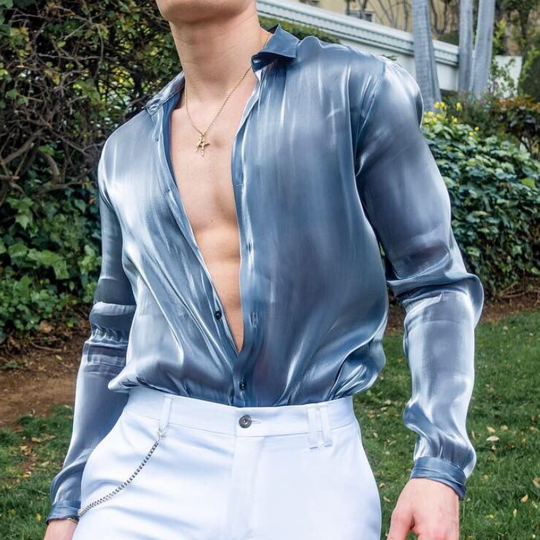 Men's Fashion Satin Lapel Long Sleeve Shirt 9893975195832