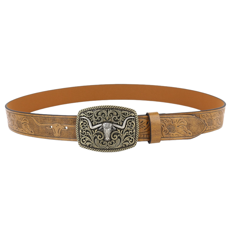 Men's Vintage Engraved Western Cowboy Leather Belt 9893976735928