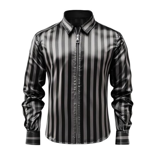 Men's Vintage Casual Satin Stripe Lapel Zipper Long Sleeve Shirt 9911545626808