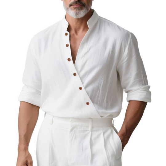 Men's Solid Color Cotton And Linen Slanted Placket Long Sleeve Shirt DTT25073110