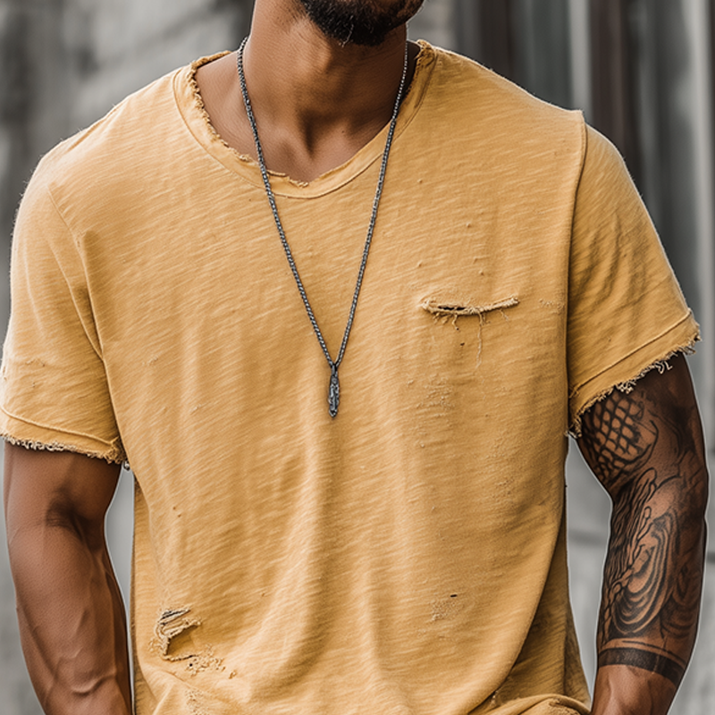 Men's Fashion Casual Bamboo Cotton Ripped Raw Edge Round Neck Short Sleeve T-shirt DTT25071819