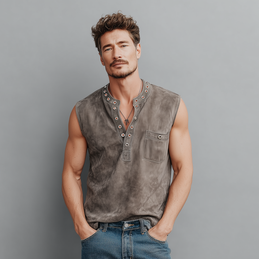 Men's Spring And Summer Casual Thin Suede Henry Collar Decorated Rivet Slim Fit Tank Top DTT25072107