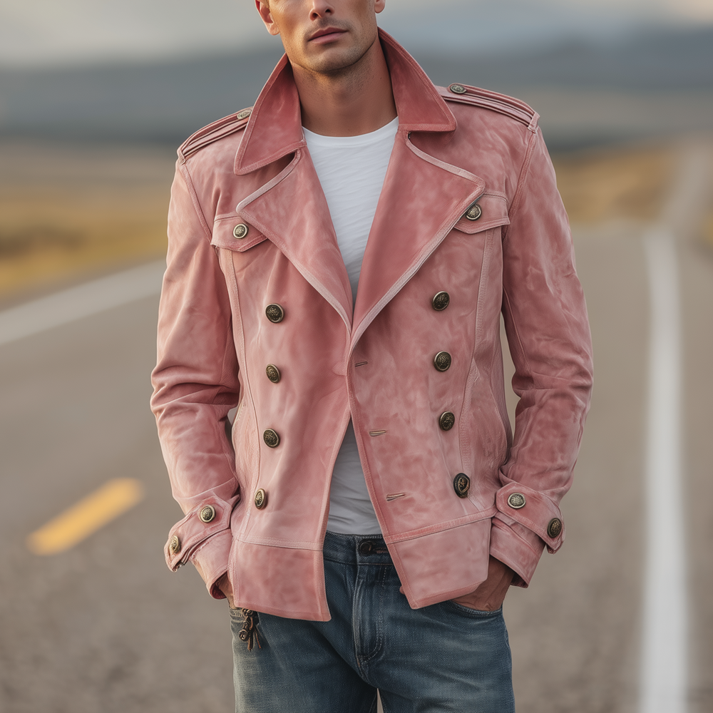 Men's Classic Retro Western Style Lapel Suede Epaulette Double-breasted Jacket DTT25081411