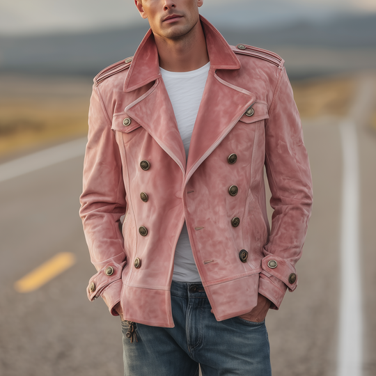 Men's Classic Retro Western Style Lapel Suede Epaulette Double-breasted Jacket DTT25081411