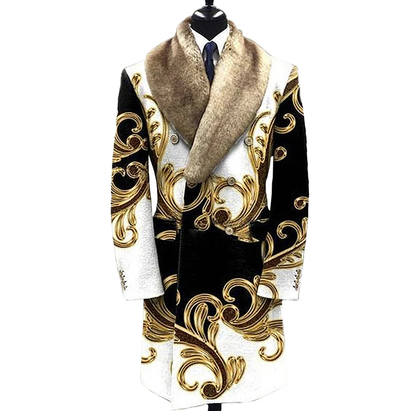 Men's Fashion Casual Fur Lapel Collar Graphic Pattern Long Sleeve Coat 9888554909880