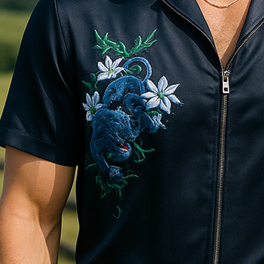 Men's Summer Fashion Satin Embroidery Short Sleeve Zipper Shirt DTT25060404