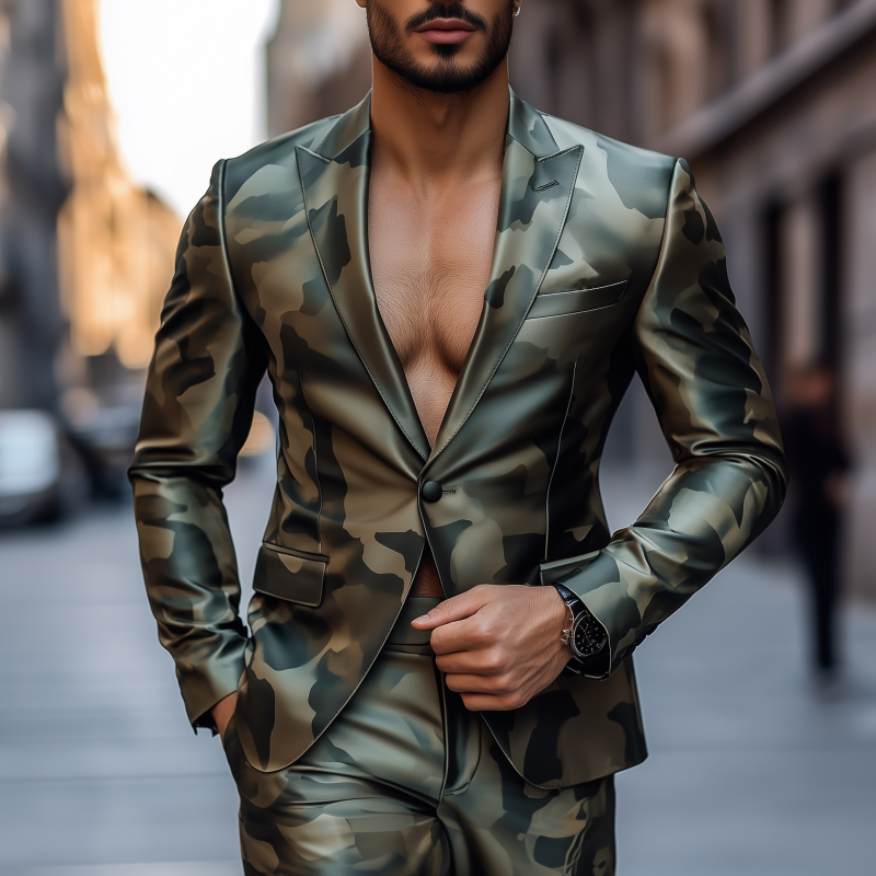 Men's Vintage Camouflage Print Satin Peak Lapel Single Breasted Slim Fit Blazer DTT25080107