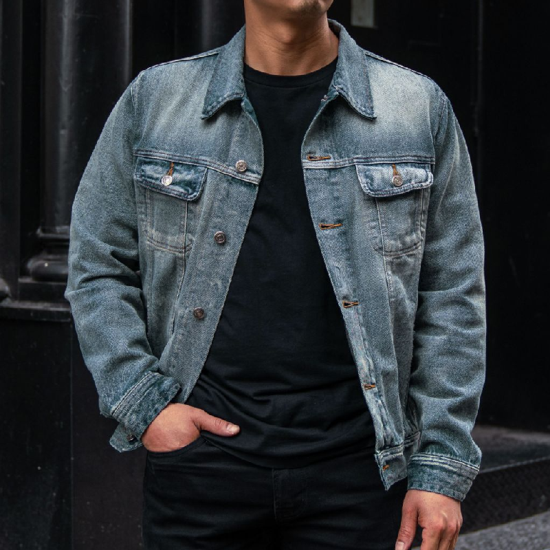 Men's Casual Washed Distressed Lapel Single-breasted Denim Jacket 9902009614520