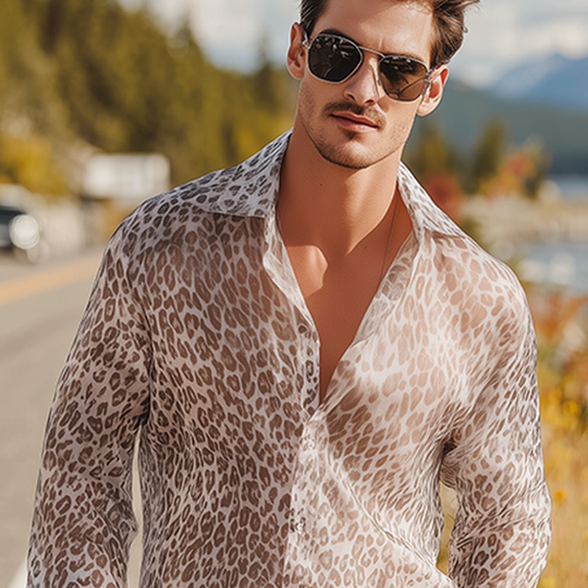 Men's Summer Fashion Casual Chiffon Slightly Transparent Sexy Leopard Print Long Sleeve Shirt DTT25070903