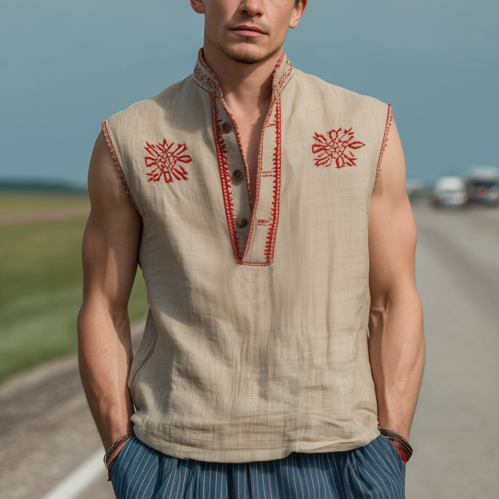 Men's Classic Casual Western Style Cotton And Linen Embroidered Henley Collar Loose Tank Top DTT25072913