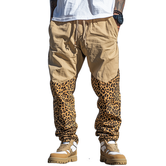 Men's Spring And Summer Casual Western Cowboy Style Cotton And Linen Splicing Leopard Print Elastic Waist Cuff Pants DTT25060610