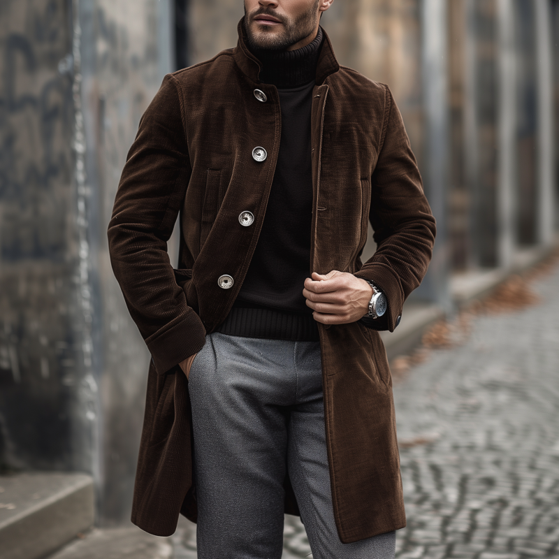 Men's Vintage Elegant Solid Color Corduroy Stand Collar Single Breasted Slim Fit Coat DTT25080616
