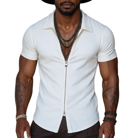 Men's Solid Zipper Lapel Short Sleeve Shirt DTT25072214